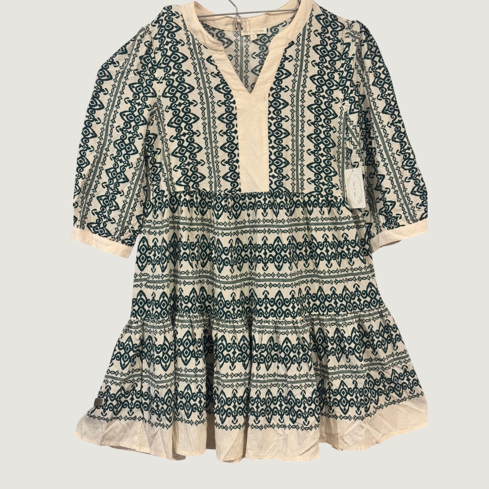 Fig + Flower Womens XL Green Cream Geometric Ikat Tiered Boho NWT LIL50A94